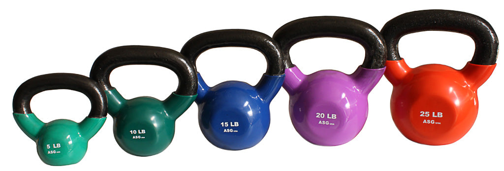 Vinyl Kettlebell Set w/ Rack, Mat & DVD (5lb-50lb)